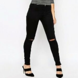 ASOS High Rise Skinny Jeans Pants Solid Black Distressed Size 26 Waist Stretchy